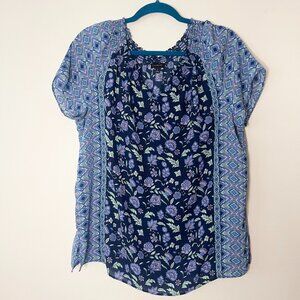 Talbots Blue Floral Peasant Blouse Mixed Print Boho Lightweight Top - Size Large